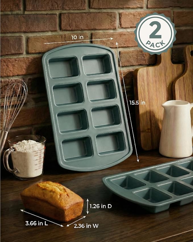 CARTMAN 2-Pack 8-Cavity Mini Loaf Pans, Carbon Steel Bread Pan Set, Green | Includes spatula & brush, 0.6mm carbon steel, nonstick release, for banana bread, mini meatloaf, ideal for keto & meal prep