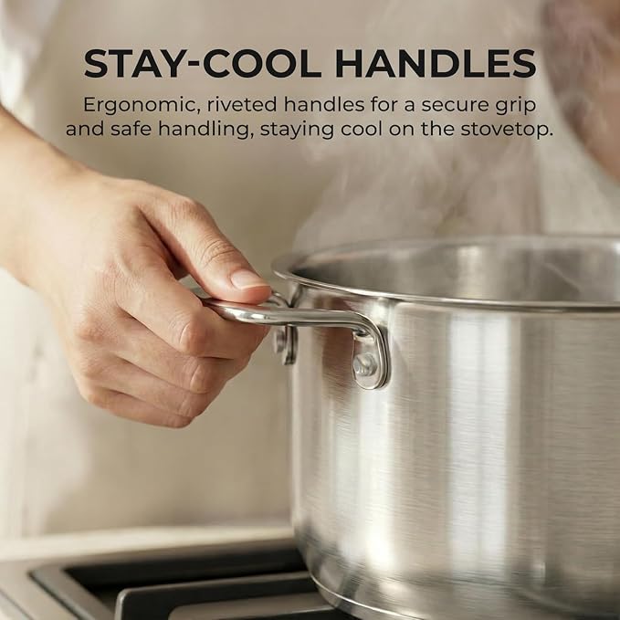 SUNHOUSE 6.5 Quart Stock Pot with Lid, Stainless Steel Pots for Cooking | Ultra thick 5-ply Base 18/10 Heavy Bottom Stainless Steel Pots for Canning, Boiling - Oven Safe & Induction Compatible