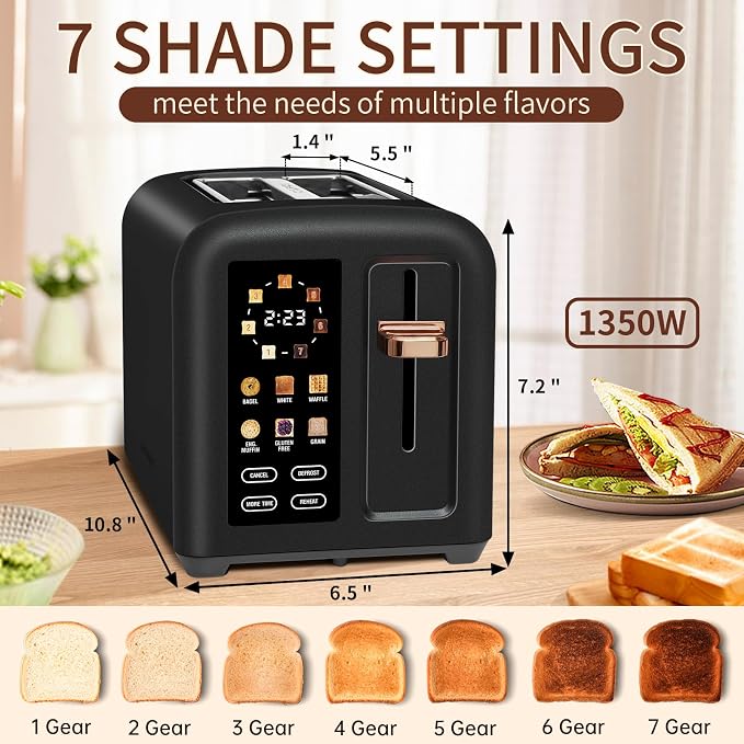 SEEDEEM Touchscreen Toaster 2 Slice, 7 Shade, Stainless, 1350W Dark Chocolate