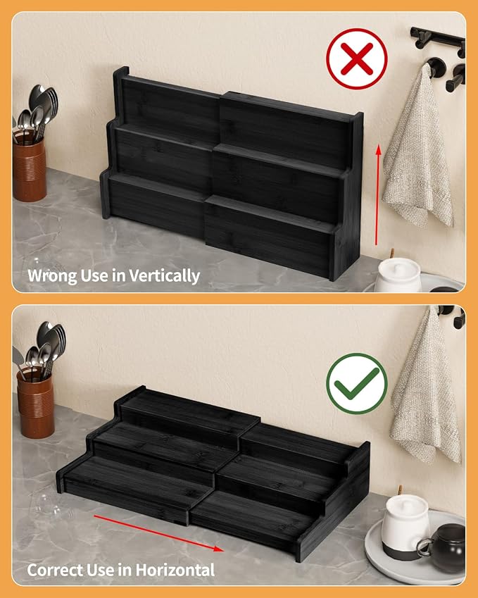Spice Rack 3-Tier Natural Bamboo, Adjustable Cabinet Organizer Shelf | Expands 8.7-15.6"cabinets. Stepped design, labels visible.Storage organizer saves space, easy wipe. For spices, jars,cans.