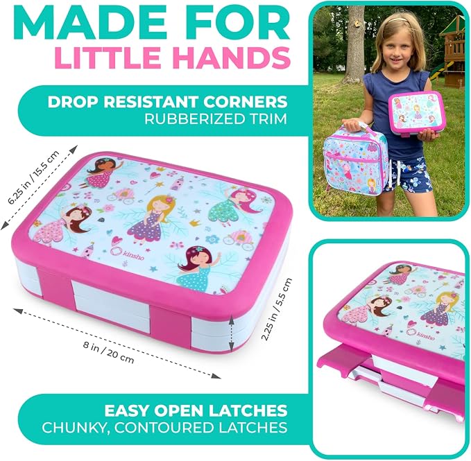 kinsho Bento Lunch Box Set with Thermo, Bag & Ice Pack, Pink Fairy Princess | 5 Compartments, Removable Tray, Small Meal Snack Container Girls Toddlers, Daycare Pre-School Kindergarten, Steel Food Jar