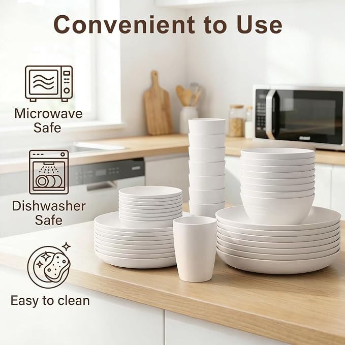 Dinnerware Sets for 8, Wheat Straw Plate and Bowl Set, Unbreakable Kitchen Set 40 Piece, Microwave and Dishwahser Safe Plates and Bowls Sets for Apartment, Kitchen, Camping, Dorm - White