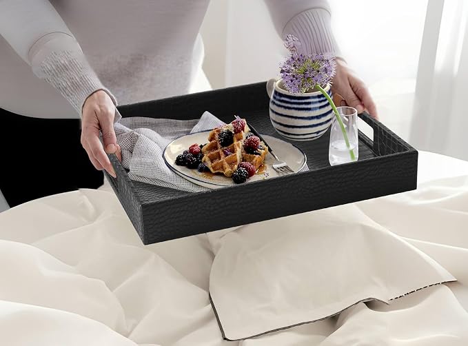 HofferRuffer Rectangle Serving Tray with Hole Handles for Coffee Table, Breakfast, Tea, Food, Butler - Countertop, Kitchen, Vanity Serve Tray, 16.2 x 12.2 x 2 inches, Faux Leather (Black Croco)