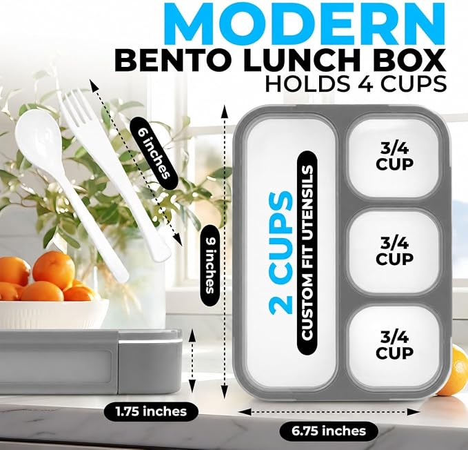 kinsho Bento Lunch Box Container for Kids Adults, Portion Control Meal Prep and Snack Containers, Japanese Style Boxes with 4 Compartments for Boys Teens, School Work and Travel BPA Free | Gray