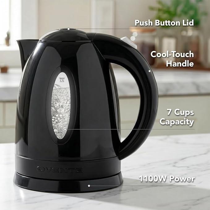 OVENTE 1.7L Electric Kettle with 1100W Fast Boiling Water, Black KP72B | Best For Coffee or Tea, BPA-Free, Water Level Gauge, Auto Shut-Off, Indicator Light, Boil-Dry Protection & Removable Filter