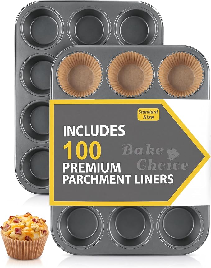 Bake Choice 2 Muffin Pan for Baking, Standard Cupcake Pan with 100 Liners | Includes 100 Natural Cupcake Liners, Non-Stick Muffin Tin Nonstick 12 Cup, Baking Pans Set, Carbon Steel Baking Supplies