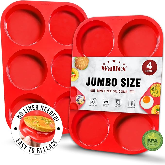 Walfos Silicone Muffin Top Pans for Baking 4inch Jumbo Size, Perfect Results Premium Non-Stick Bakeware Egg Baking Pan, Great for Eggs, Hamburger Bun, Muffin Top and More, Food Grade & BPA Free, 2pcs