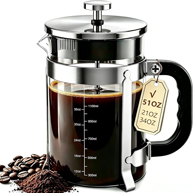 QUQIYSO French Press 51oz,Large French Press Thickened Glass Coffee Press | French Press Stainless Steel,Large Capacity Coffee Maker,Easy to Clean,4 Filter,Suitable for Party Home Office(Silver)