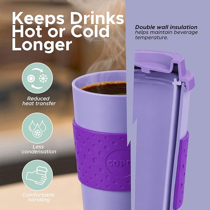 Copco Acadia 16oz Travel Mug, Set of 4 - Double Wall, Green & Purple | Spill-Resistant Lid, Ergonomic Design, Comfortable Handling, Ideal For Daily Commutes & On-The-Go Beverages