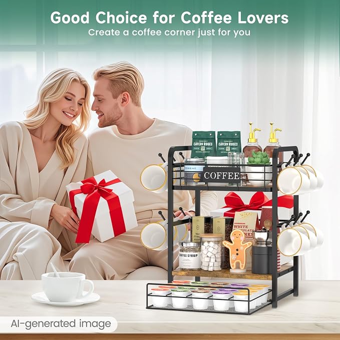 EsLuker.ly Coffee Bar Organizer Station Shelf Mug Holder, with 12 Hooks | 3 Tier Coffee Cup Stand Rack for Countertop, K Cup Pod Organizer Drawer for Home Office, Keeps Essentials Tidy & Accessible