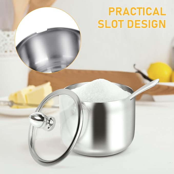 holoith Sugar Container with Glass Lid and Spoon, Silver