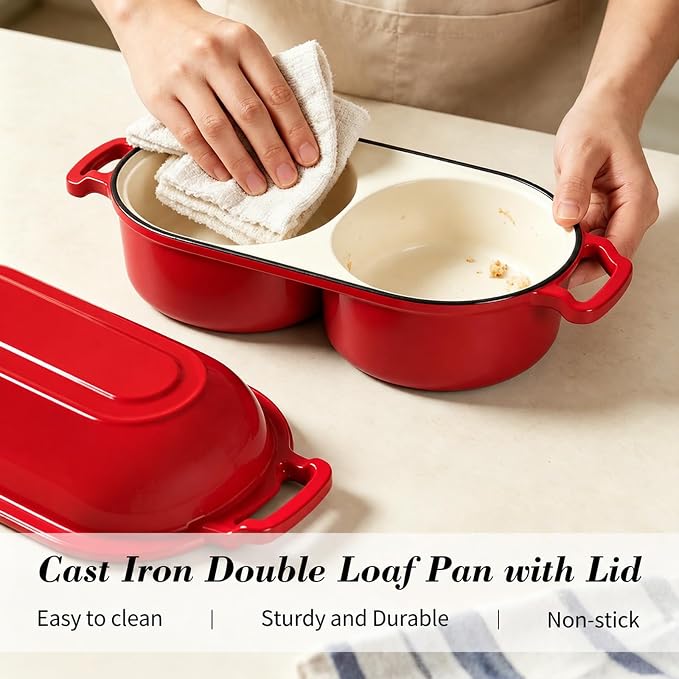 Double Dutch Oven for Sourdough Bread Baking, Enameled Cast Iron Bread Pot with Lid, Double Round Loaf Space, 500F Oven Safe, Non Stick Mini Loaf Pans for Homemade Cake Meatloaf