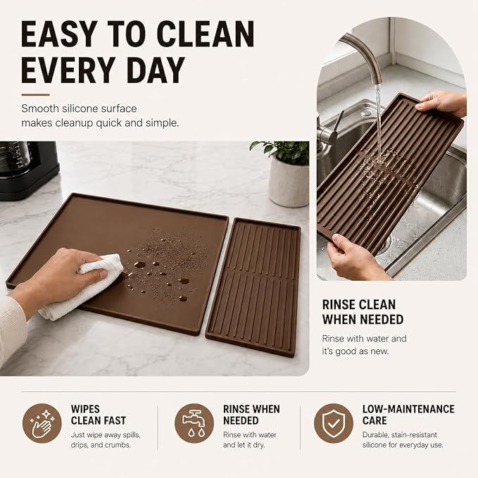 Silicone Coffee Mat 24 x 16 in with Tray, Classic Coffee Brown | Coffee bar mat for countertop use, coffee station mat or coffee machine mat with removable tray and 0.47 in raised rim.