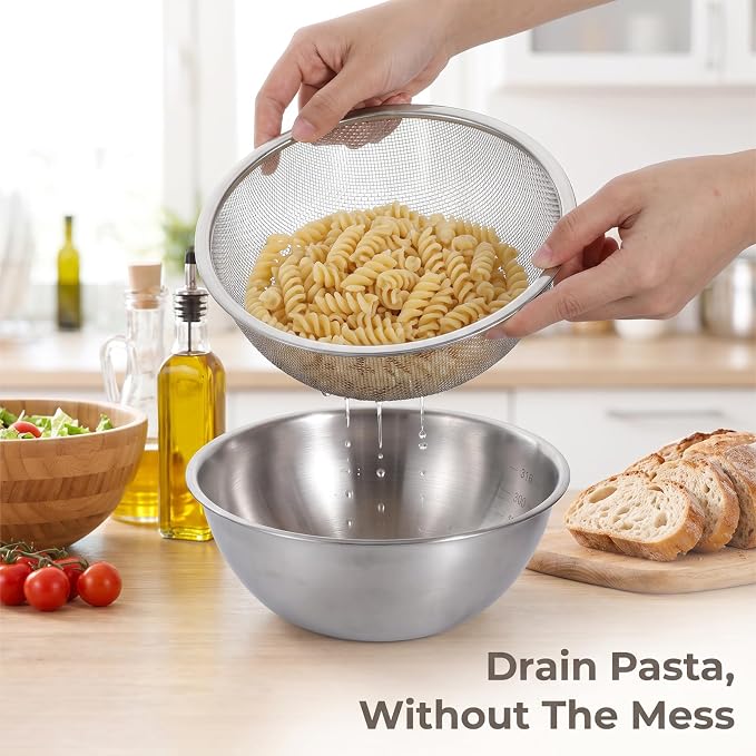 2 Pcs Stainless Steel Kitchen Colander Set Rice Washer Strainer Mixing Bowl | Colander Bowl Set with Microporous, Kitchen Mesh Net Strainer Basket, for Washing Vegetables Fruits Rice Pasta