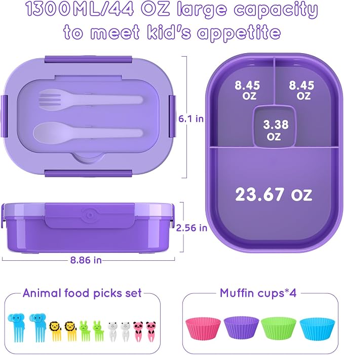 Lunch Box Kids Adult Bento Box Bento-Style Lunch Box 1300ml Ideal Portion Size Leak Proof for Teens Toddlers, BPA Free Lunchbox Containers for School Work Picnic (Purple)