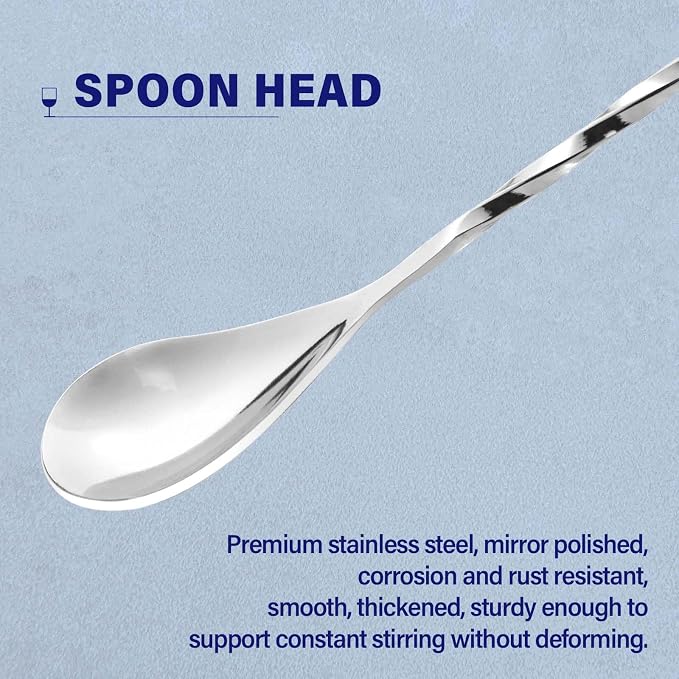 Bar Spoon Cocktail Mixing Stirrers, 4Pcs, 12” Long Handle, Silver | 18/8 Stainless Steel, Long Drink Spoons, for Stirring Coffee & Cocktails
