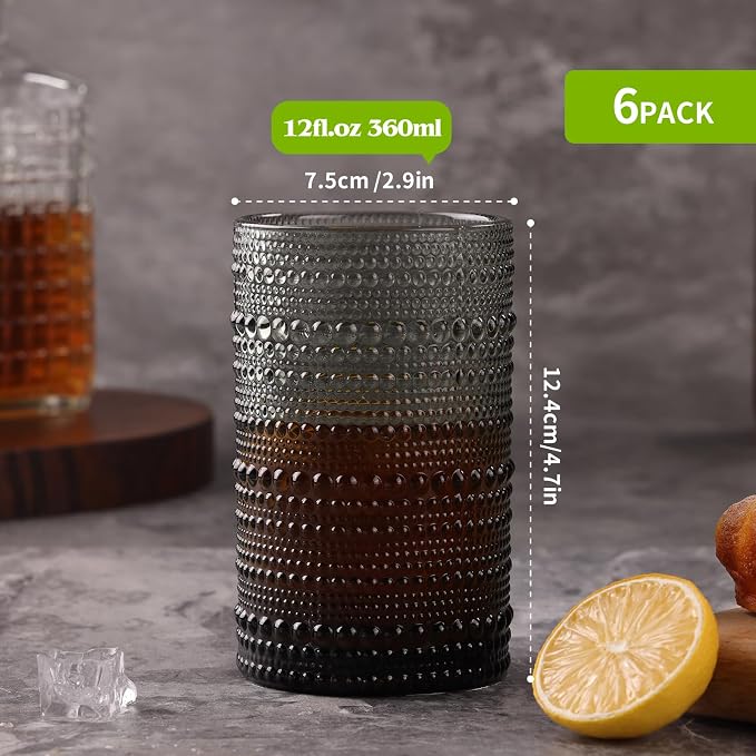 Moretoes 12 Oz Gray Hobnail Drinking Glasses Set of 6 Water Glass Cups | Highball Glasses Embossed Boho Kitchen Bar Tumbler Glassware Set for Whiskey, Beer, Juice, Milk and Various Mixed Drinks