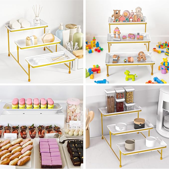 3 Tier Serving Tray, 15" Steel Stand, BPA Free Tiered Platter, Gold | Steel Frame, Sturdy & Stable. For Cookies, Veggie, Dessert & Fruit. Ideal For Parties & Weddings.