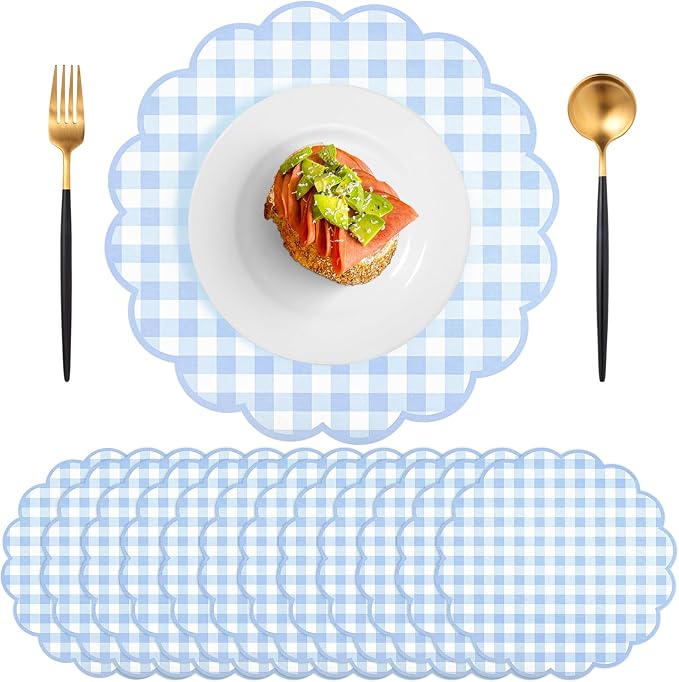 60 Pcs Blue Gingham Paper Placemats, Scalloped Blue Checkered Place Mat | 13.5 Inch Disposable Table Placemats Decorative Paper for Table Setting Baby Shower Wedding Bridal Banquet Tea Party