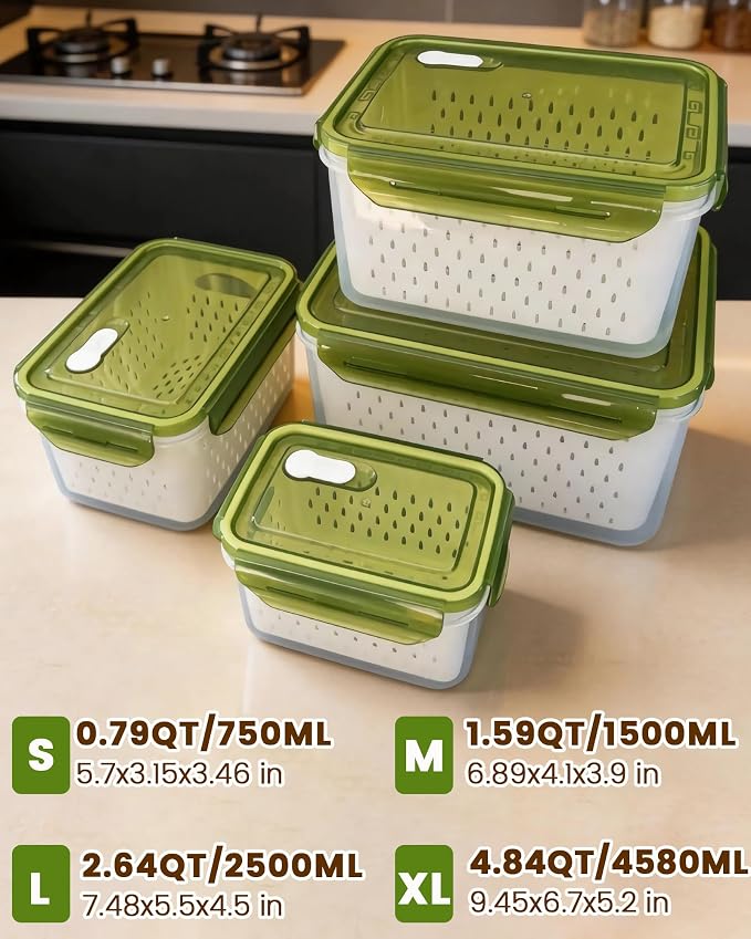 TBMax 8 Pieces Airtight Fruit Storage Containers for Fridge with Air Circulation Vent, 4 Pack Produce Saver with Colander for Berry Lettuce Salad Vegetable Storage, Refrigerator Organizers- Green