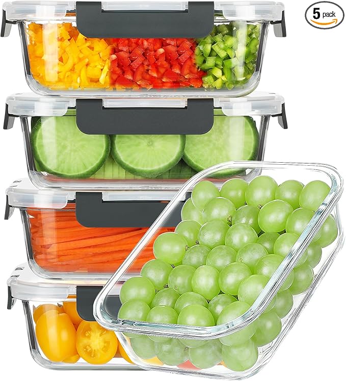 BAYZZ 5 Pack 35 Oz Glass Food Storage Containers with Lids, Gray | Glass Meal Prep Containers, Lunch Boxes with Airtight BPA-Free Lids, Microwave, Freezer and Dishwasher Safe
