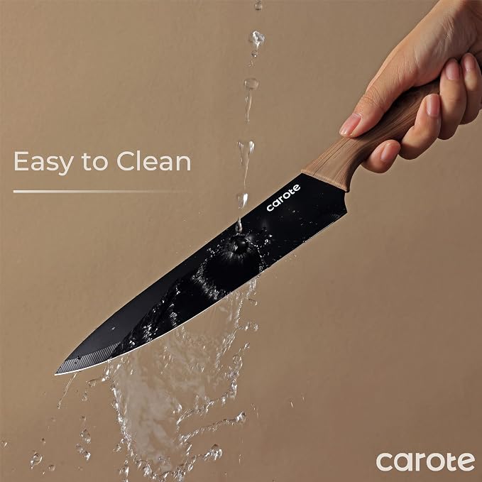 CAROTE 12-Piece Knife Set, Knives with Wood-Grain Finish Handles, Black | 6 Blade Guards, Stainless Steel Blade, Ceramic Nonstick Coating, Long-Lasting Sharpness, Rust-Resistant, Kitchen, Camping, RV