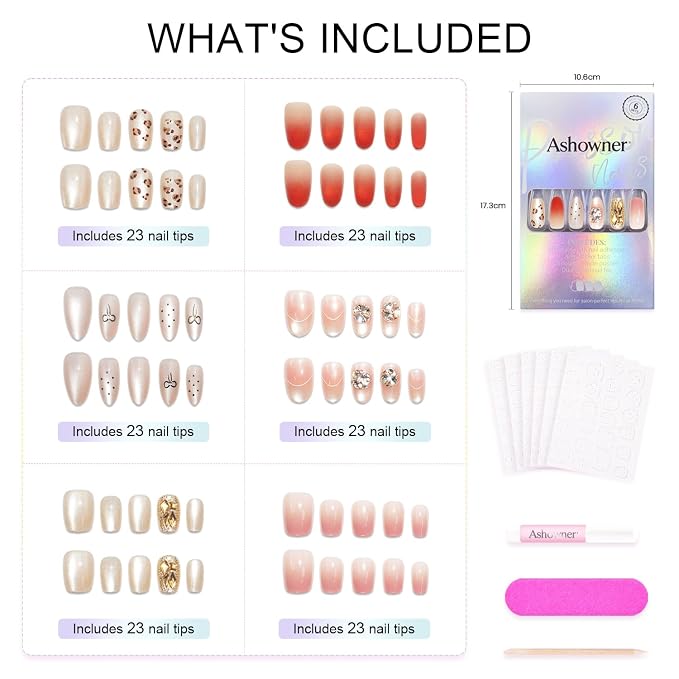 6 Packs (144 Pcs) | Reusable Press on Nails | cute nails | 6-Style Bundle | 12 Sizes | Each Style 24 Pcs | Gold Rhinestone & Glitter Accents
