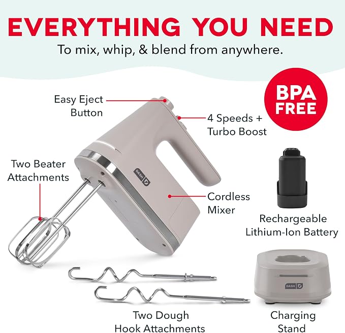 Dash Cordless Hand Mixer, Beaters & Dough Hooks, French Grey | Handheld Electric Mixer for Baking, Whipping Cream, Cookie Dough & Cake Batter, Turbo Button, Rechargeable