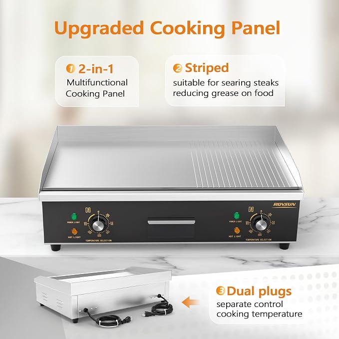 ROVSUN 26" Electric Griddle, Electric Countertop Half Flat Top Griddle, 3200W Grill Stainless Steel with Adjustable Temperature Control 122°F-572°F for Commercial Home Restaurant, Plug