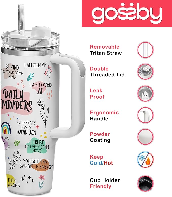 Gossby Daily Reminders Tumbler for Women, 30oz Stainless Steel with Handle | Daily Affirmations For Women, Inspirational Cup, Motivational Mental Health Gift For Friends, Nurse, Coworker, Birthday Gifts
