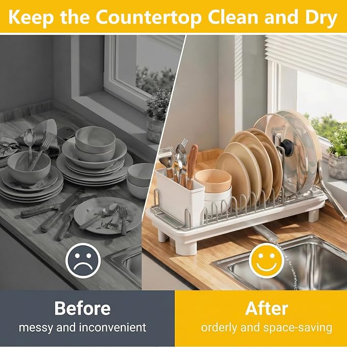 Small Dish Drying Rack,Compact Dish Rack for Kitchen Counter with 360° Rotating Drain Spout and Utensil Holder,Stainless Steel Countertop Dish Drainer for Sink,Space-Saving Design for Small Kitchen