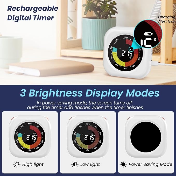 Visual Timer for Kids, Rechargeable 10-Hour Countdown/Up Timer - 2 Packs | with 3 Volume Levels, 3 Brightness Display, and Magnetic, Homeschool Study Tool, Large Digital Timers for Classroom, Kitchen