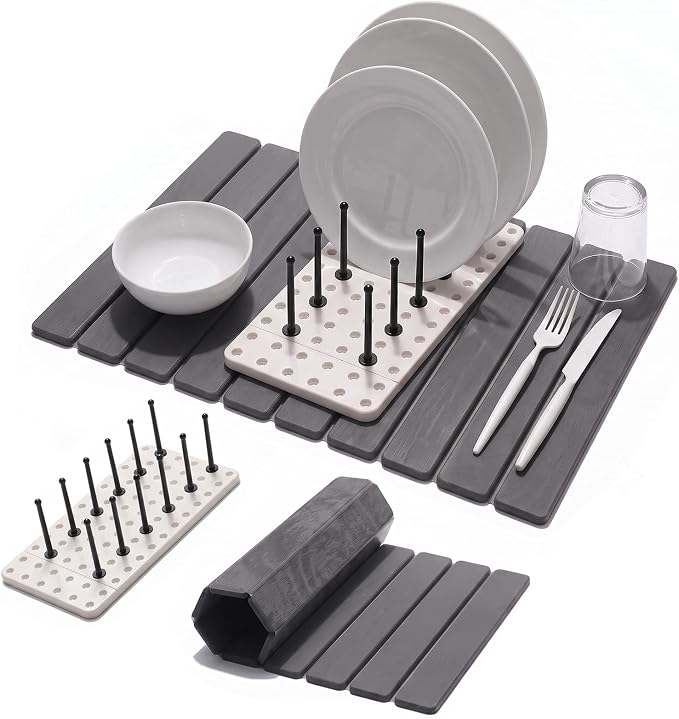 Stone Drying Mat for Kitchen Counter (24”x16”) with Dish Rack | Quick Dry Diatomaceous Earth Dish Mat– Foldable Water Absorbing Drying Organizer Pad for Countertop Plate Bottles Cups(Pure)