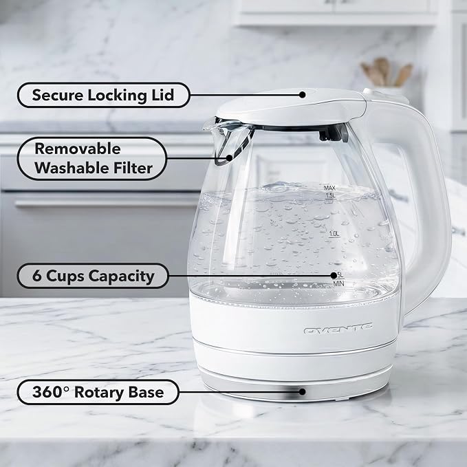 OVENTE 1.5L Glass Electric Kettle Water Boiler, White KG83W | 1100W Fast Boiling, Borosilicate Glass, BPA-Free, Blue LED, Auto Shut-Off, Boil-Dry Protection, Removable Filter, 360° Base