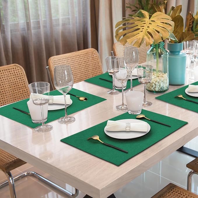 Cloth Placemats Set of 6, Cotton Linen Blend Place Mats, Green | Machine Washable, Double Layered, Heat Resistant, Fabric Dining Table Mats for Kitchen, Indoor & Outdoor, 13" x 19"