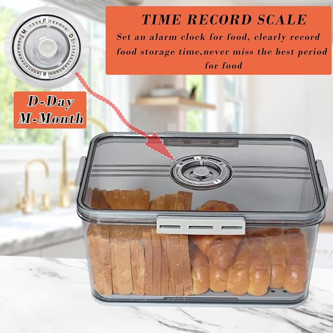 Bread Box Bread Boxes with Lid for Kitchen Counter, Airtight Loaf Bread Storage Container,Large Time Recording Bread Keeper for Homemade Bread, Toast, Bagel, Donut and Cookies ,Not dishwasher safe