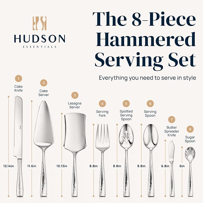 Hudson Essentials Hammered 18/10 Stainless Steel Hostess Serving Utensil Set, 8-Piece Set with Cake Knife, Cake Server and Lasagna Pie Server, Dishwasher Safe