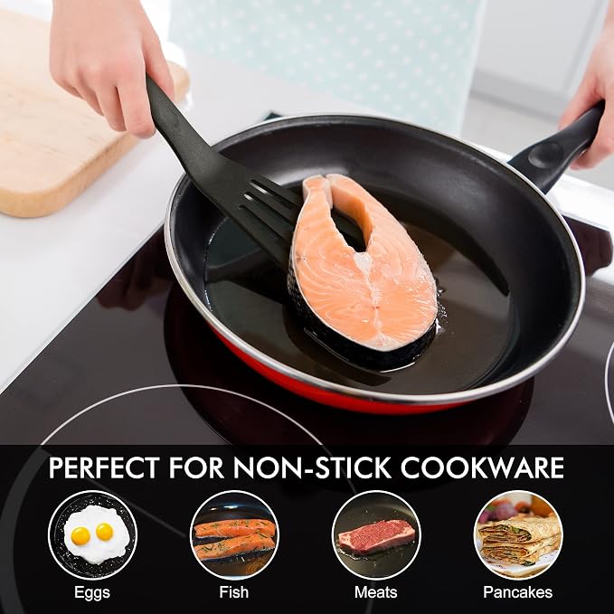 HOTEC 600℉ Heat Resistant Silicone Slotted Fish Turner Spatula Set, BPA Free Flipper Cooking Spatulas, for Non Stick Cookware Dishwasher Safe, Black