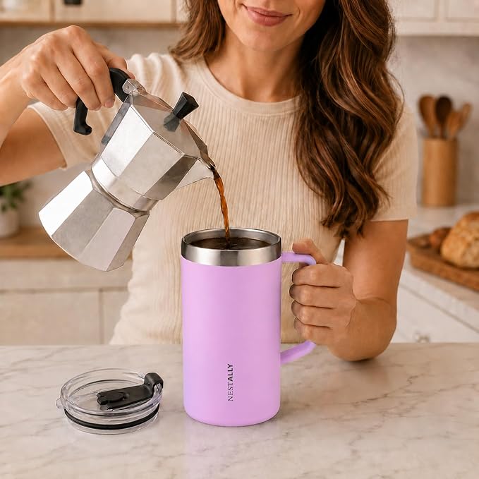 NESTALLY Cozy 20oz Insulated Coffee Mug with Handle & Lid, Blush Pink | Stainless Steel Double Wall Vacuum Travel Mug for Hot & Cold Drinks, Reusable Coffee Tumbler, Non-Slip Base, BPA-Free