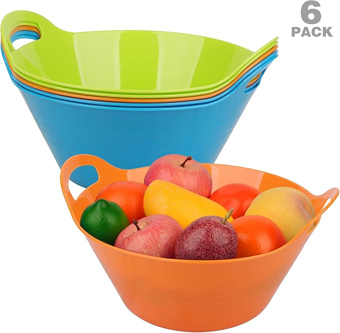 Tiawudi 6 Pack Snack Bowls (4.9L Large), Plastic Serving Bowls for Party, Large Bowls with Handles for Kitchen, Fruit, Cereal, Candy, Salad and Chip, Microwave Safe
