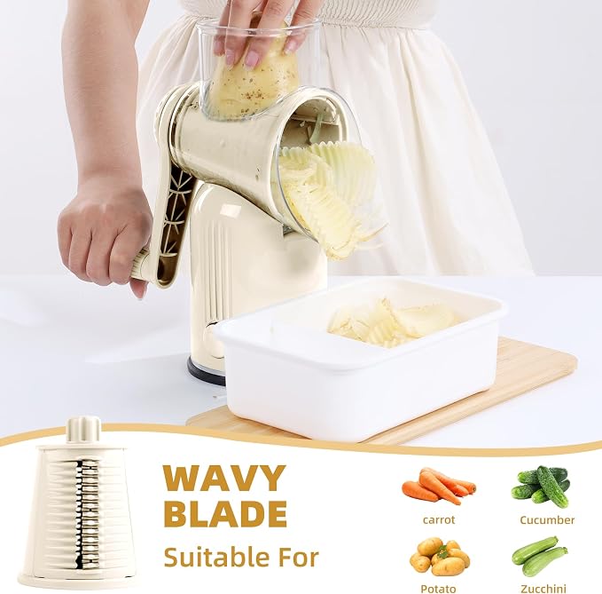 Rotary Cheese Grater with Handle, 5 Replaceable Blades(White) | Strong Suction Base, Round Food Slicer & Chopper for Kitchen Fruit Vegetables Nuts with Blade Storage Box