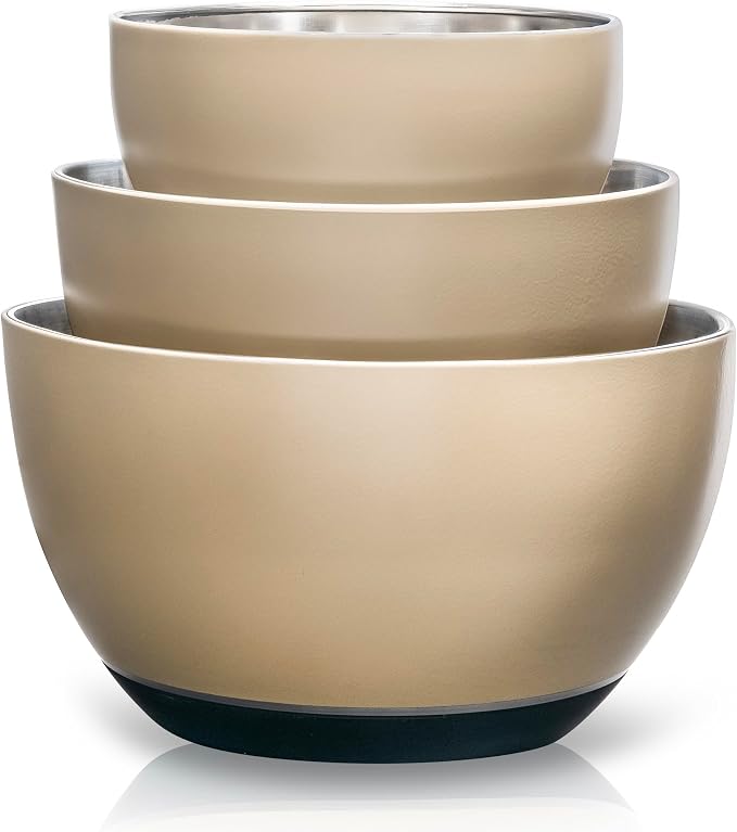 Stainless Steel Mixing Bowls Set, 3-Piece with Silicone Base | 1.5, 3 & 5 Qt Metal Bowls for Meal Prep, Baking, Cooking, Serving & Food Storage, Non-Slip Base, Dishwasher Safe, Tan