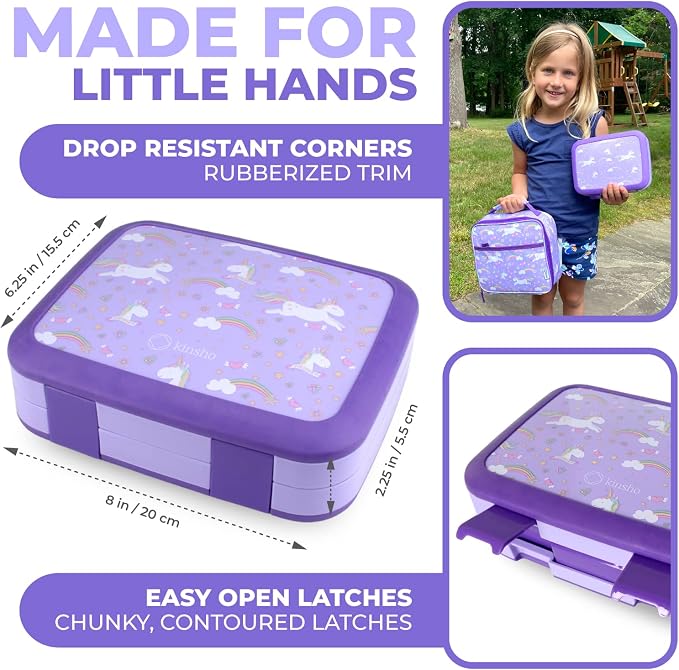 kinsho Kids Bento Lunch Box, Water Bottle, Ice Pack & Bag, Purple Unicorn | 5 Compartment Food Container for Lunches Snacks, BPA Free Plastic, Insulated Set for Small Girls Toddlers Daycare, Pre-School