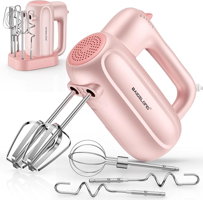 BAIGELONG Hand Electric Mixer, 5-Speed KitchenMixer with 5 * 304 Stainless Steel Attachments + Storage Base, Food Handheld Mixer for Baking, Whipping Cream, Cake Mixing, Pink