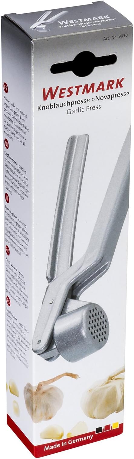 Westmark Garlic Press “Novapress” – German Heavy-Duty Garlic Crusher & Mincer, Rust Proof Mincer Tool, Easy Squeeze Ergonomic Hand Press, Ginger Presser with Durable Aluminium Metal Construction