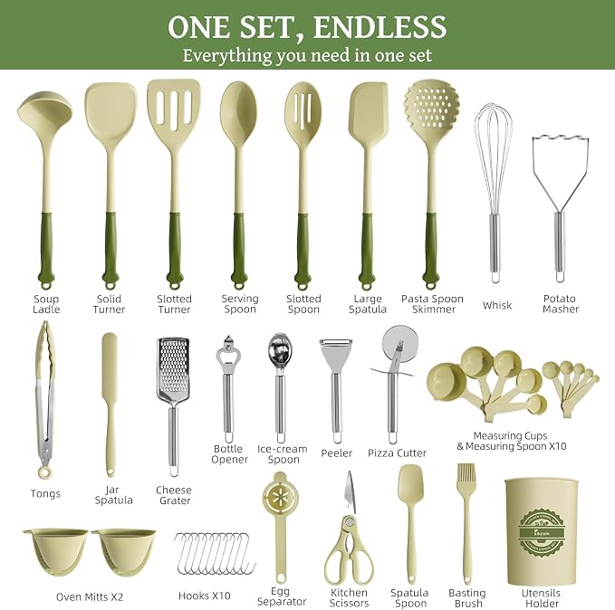 Kikcoin 43 PCS Silicone Kitchen Utensils Set, Dishwasher Safe Kitchen Cooking Utensils Set, 446°F Spatulas Silicone Heat Resistant, Non Toxic Silicone Utensils Set With Two-Tone Grip Handles, Green