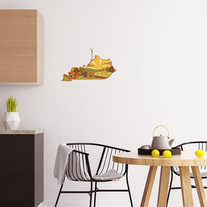 Totally Bamboo Kentucky State Shaped Cutting Board, Summer Stokes Art | State charcuterie board with colorful hand-drawn landscape art. Smooth reverse side for food prep. Hang tie for wall display.