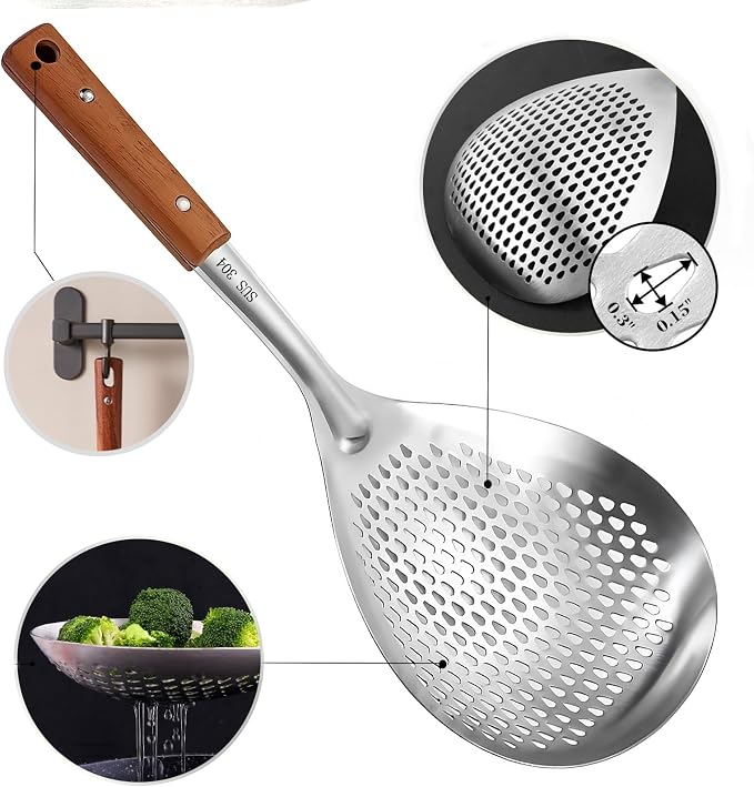 Steel Spider Strainer Wood Handle Kitchen Mesh Drainer for Pasta | Small fine wire mesh strainer spoon, multipurpose kitchen colander, great for deep frying, draining food,washing veg fruits