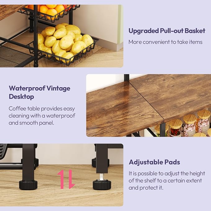 SWTYMIKI Bakers Rack with Storage - Coffee Bar Cabinet with Shelves, Coffee Station Organizer and Kitchen Stand with 8 Hooks, Baskets, Adjustable Feet for Kitchen Dining Room Pantry, Espresso
