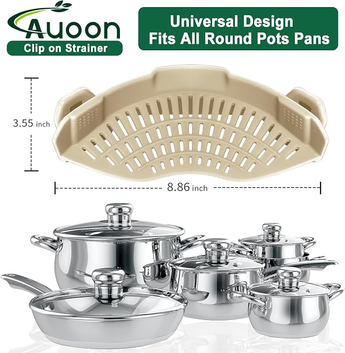 AUOON Pasta Strainer Clip on Silicone, Standard 8.86 x 3.55 in, MilkShake | BPA-free, Fits All Pots Pans Bowls, Dishwasher Safe, for Meat Noodles Vegetable Fruits, Space-saving Kitchen Gadget